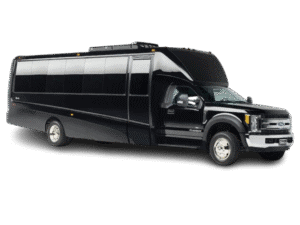 Black luxury chauffeur bus for upscale transportation services in California.